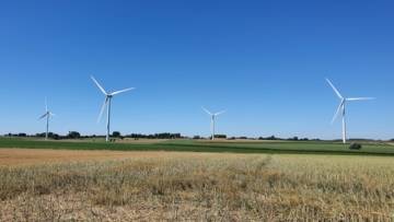 Un champs avec des éoliennes